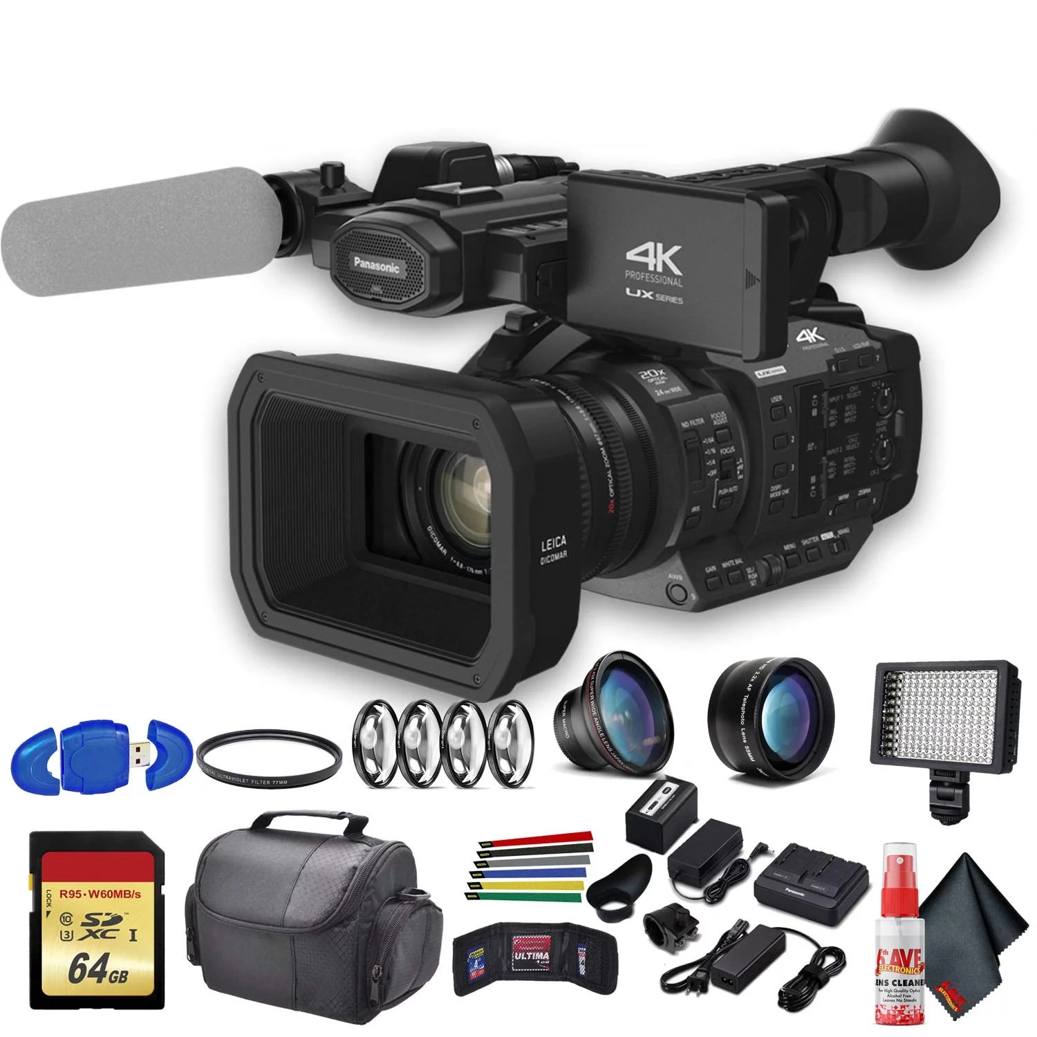 Panasonic AG-UX180 4K Professional Camcorder (AG-UX180PJ8) With UV Filter, Close Up Diopters, Wide Angle Lens,Tripod, Padded Case, LED Light, 64GB Memory Card and More Advanced Bundle