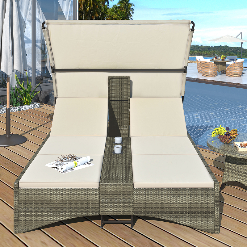 Patio Daybed Outdoor Daybed Rattan Sun Lounger with Shelter Roof, Adjustable Backrest, Storage Box and 2 Cup Holders for Patio, Balcony, Poolside, Cream
