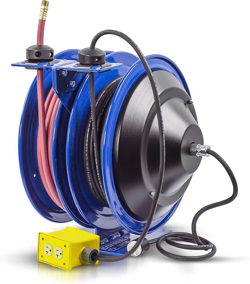 Coxreels C-L350-5012-B Combo Air and Electric Hose Reel with Quad Outlet Attachment, 3/8
