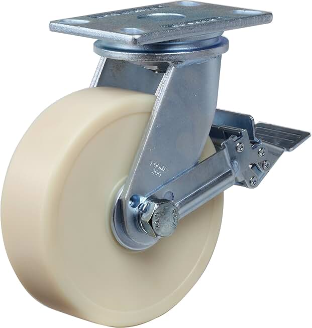 FOOT MASTER GF-200-BSF-MCD-FRN Heavy Duty Caster, 200 mm MC Nylon Wheel, Galvanized Zinc, Forged Steel Plate, Plate Mounted Swivel Caster, Pedal Brake, 1100 kg Load Rating