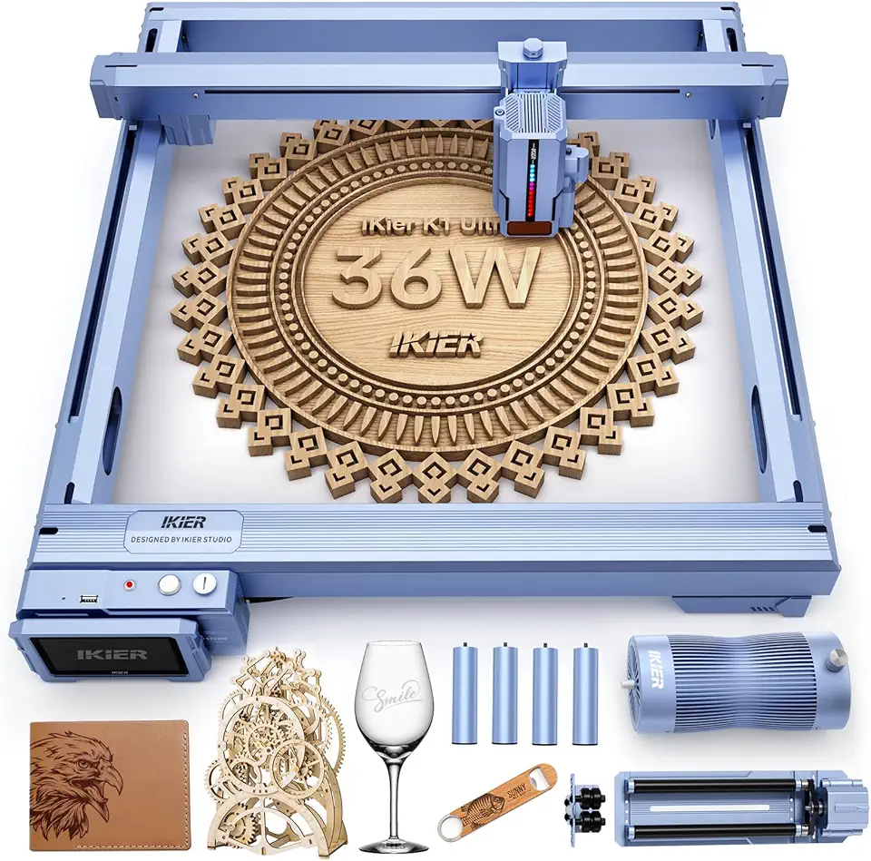 IKIER K1 Ultra Laser Engraver with Air Assist and Rotary Roller, 36000mW Output Laser Cutter and Engraver Machine, DIY Laser Engraving Machine for Wood and Metal, Acrylic, and Leather