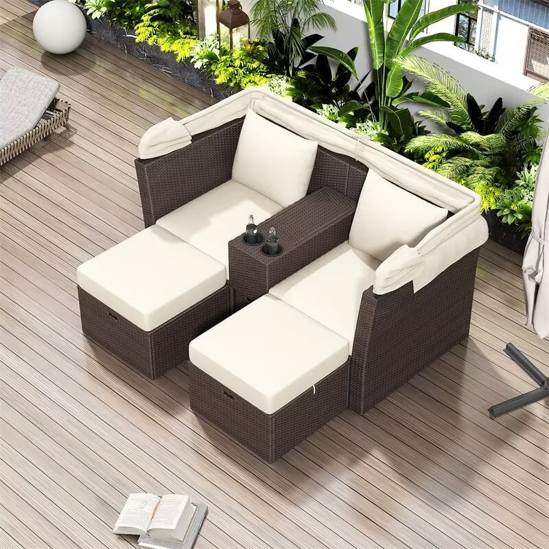 Outdoor Patio Daybed with Foldable Awning, All-Weather PE Rattan Double Lounge Chair 2-Seater Loveseat Sofa with Cup Holders and Storage Boxes for Garden Balcony Poolside, Beige