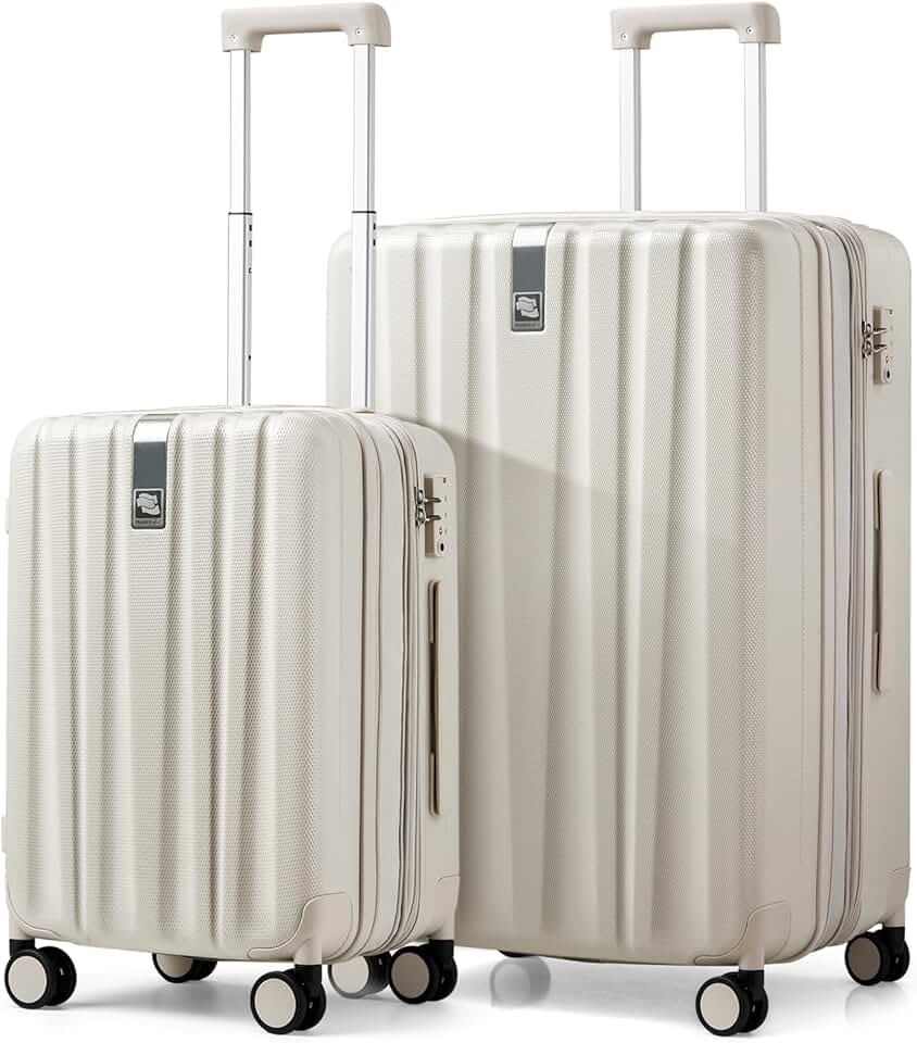 Hanke Expandable Hard Shell Luggage Sets 2 piece Carry On Luggage with Wheels Suitcases Lightweight Checked Tsa Luggage Rolling Large Suitcase Travel Luggage Bag Woman Men 20/29 Inch(Ivory White)