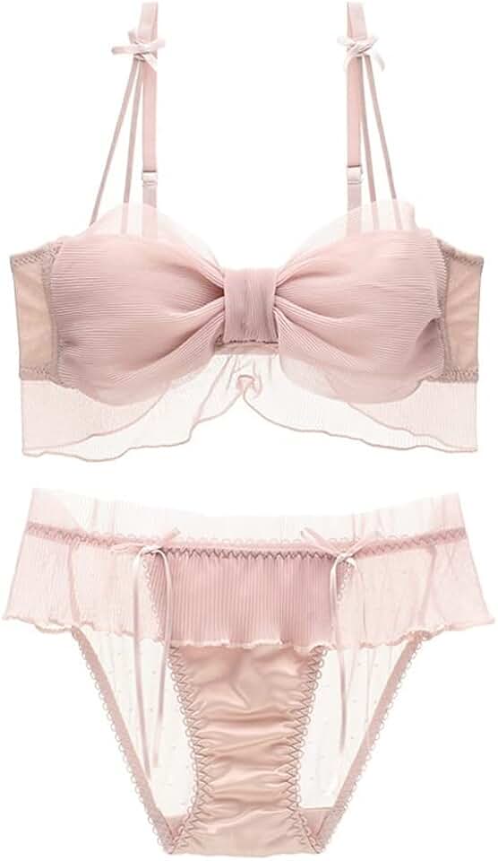 DFHBFG French Thin Section Mesh Bow Top Support Gathering Sweet Lingerie Women's Breathable Sexy Bra Set(36/80(AB Pass Cup))