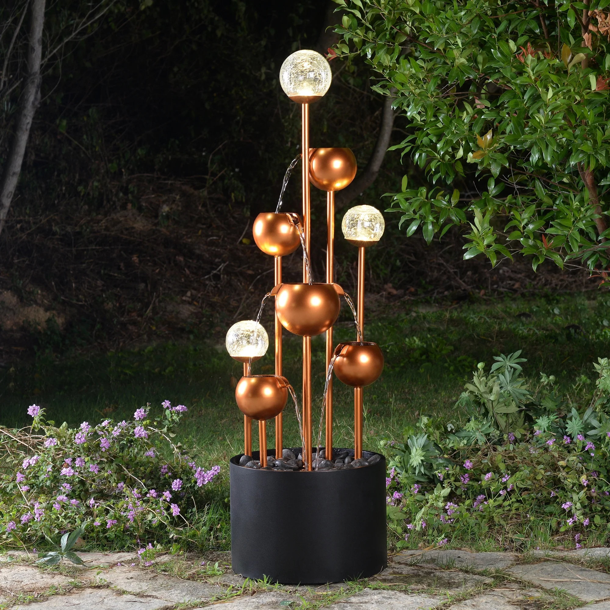 Outdoor Metal Fountain with Glass Ball Accent and Warm White LED Lights