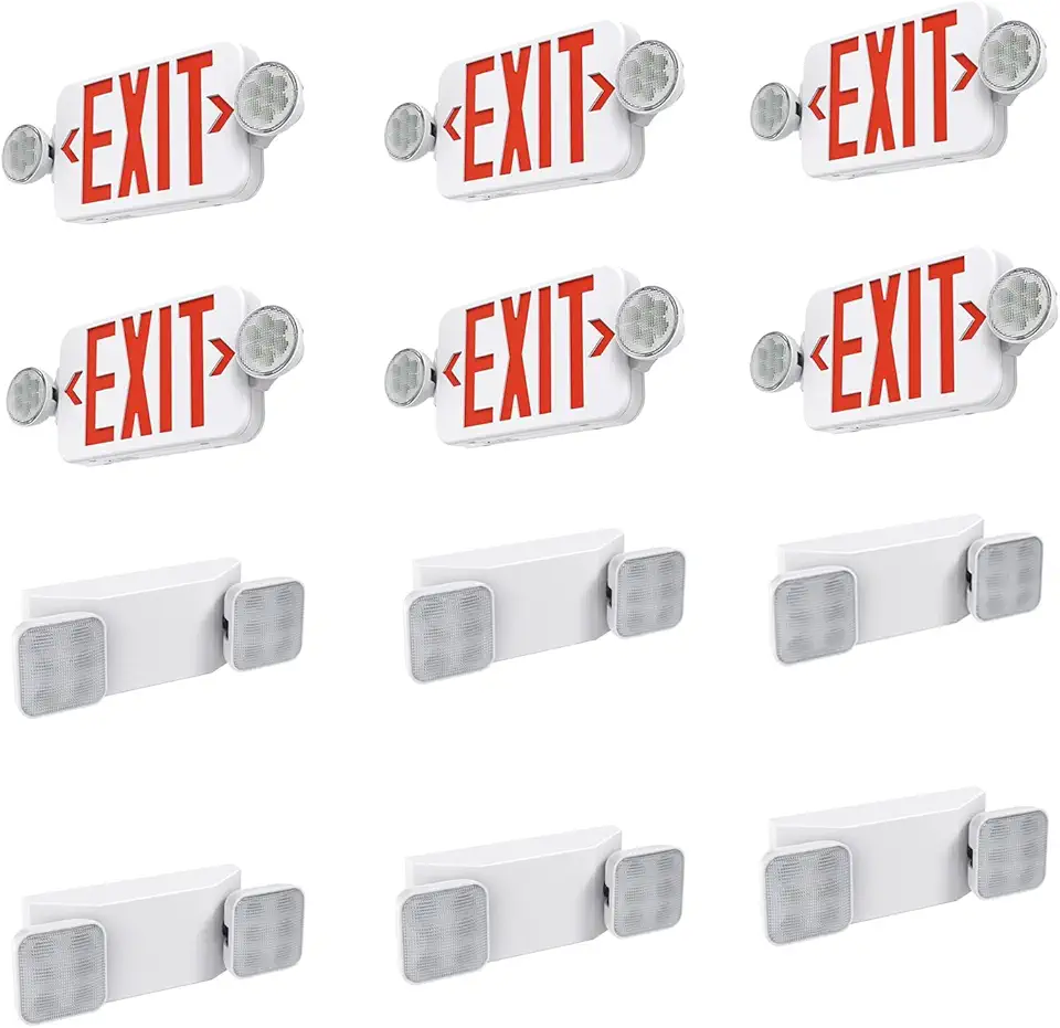 6 Pack Led Exit Sign Combo Double Sided, Two Adjustable Head Emergency Exit Light with Battery Bundle 6 Pack Emergency Light, Commercial Emergency Lighting Battery Backup exit Light