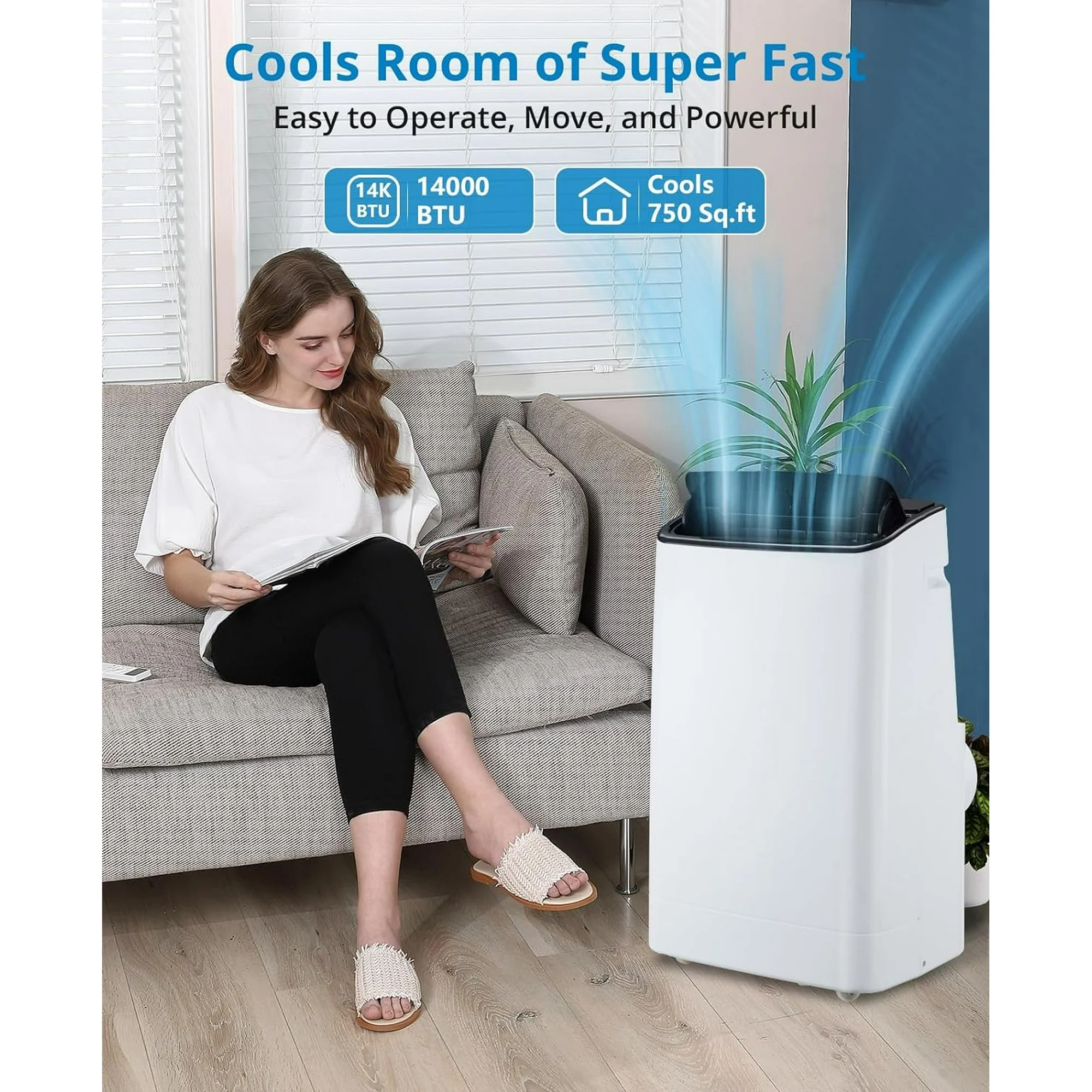 14,000 BTU Portable Air Conditioner - Cools Up to 700 Sq.Ft, 3-IN-1 Energy Efficient AC Unit with Remote Control & Installation Kits for Large Room, Campervan, Office, Temporary Space