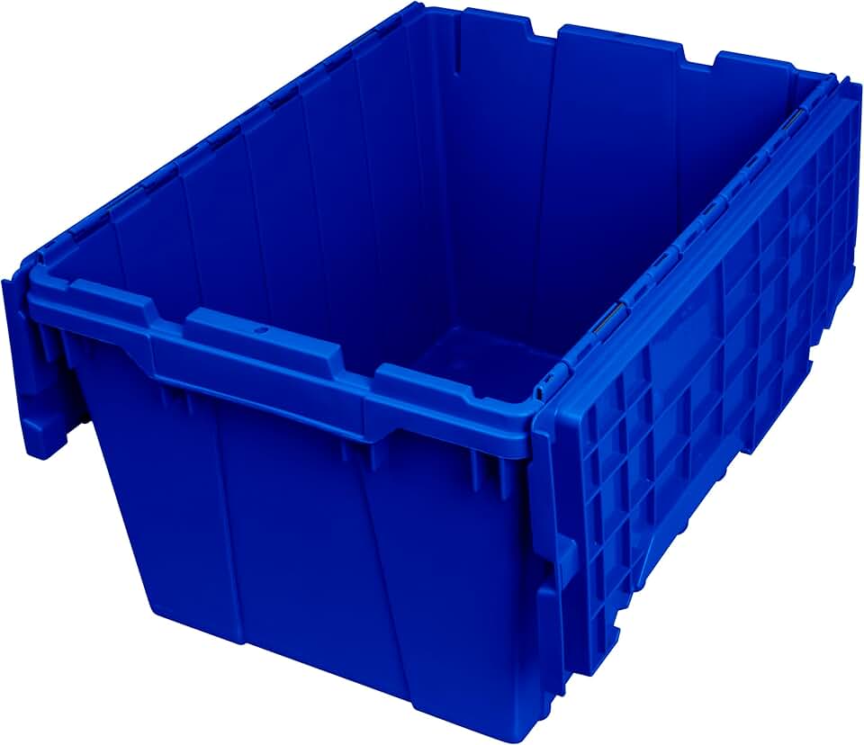 Akro-Mils 39120 Industrial Plastic Storage Tote with Hinged Attached Lid, (21-Inch L by 15-Inch W by 12-Inch H), Blue, (6-Pack)