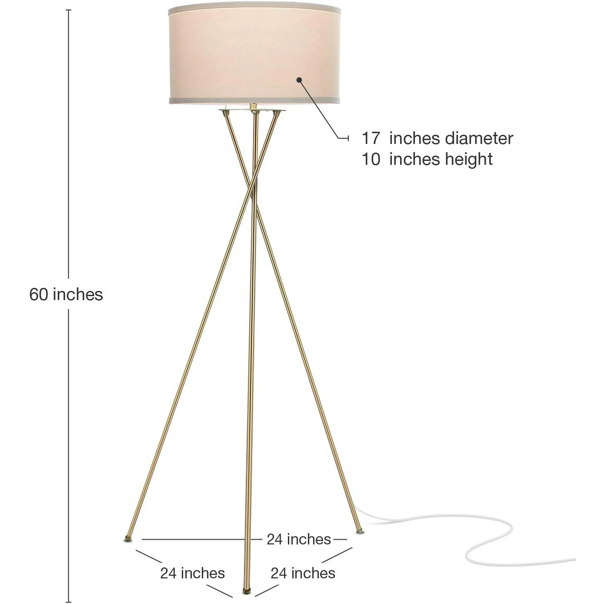 Jaxon Led Floor Lamp, Modern Lamp For Living Rooms & Offices, Tall Lamp With Contemporary Drum Shade, Gold Tripod Standing Lamp For Bedroom Reading, Great Living Room Decor - Brass