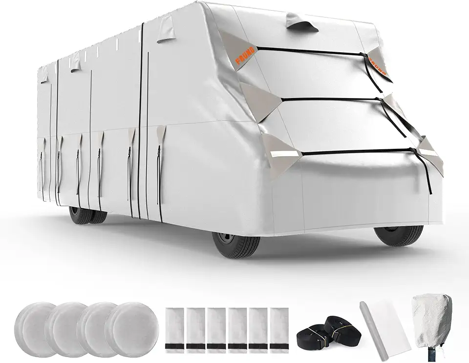 Oxford Cloth Class C RV Cover Fits 26'-29' Waterproof Rip-Resistant Anti-UV Motorhome Camper Cover for Winter Snow with Jack Cover 4 Tire Covers and Gutter Covers