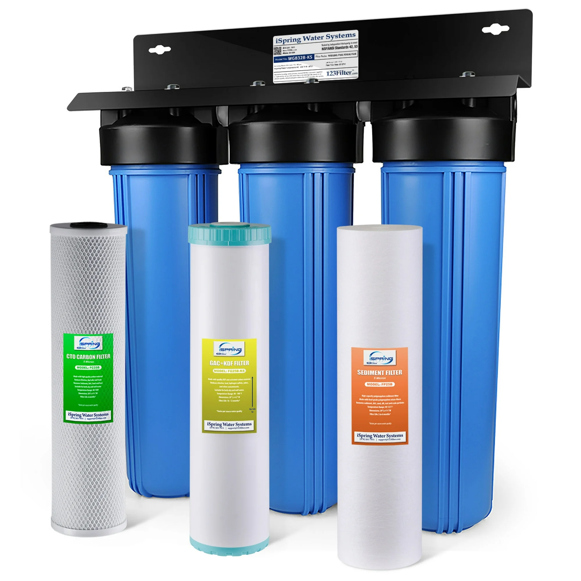iSpring WGB32B-KS 3-Stage Heavy Metal Reducing Whole House Water Filtration System w/ 20-Inch Sediment, KDF, and Carbon Block Filters