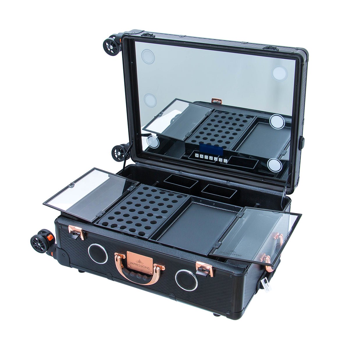 Impressions Vanity Slaycase Pro Lux Travel Train Case, 360 Degree Rolling Wheels (Matte Black Geo)