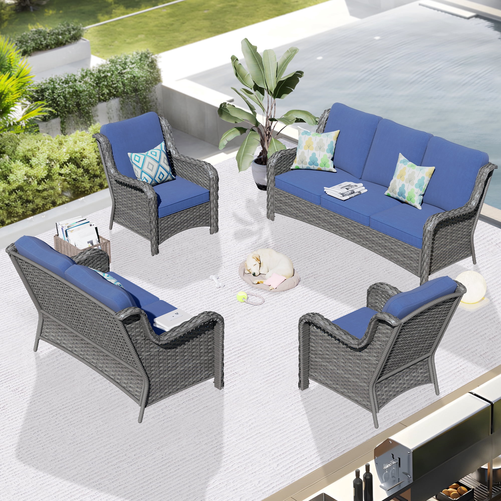 Ovios 4 Pieces Outdoor Patio Furniture Wicker Patio Sectional Sofa with Loveseat for Backyard