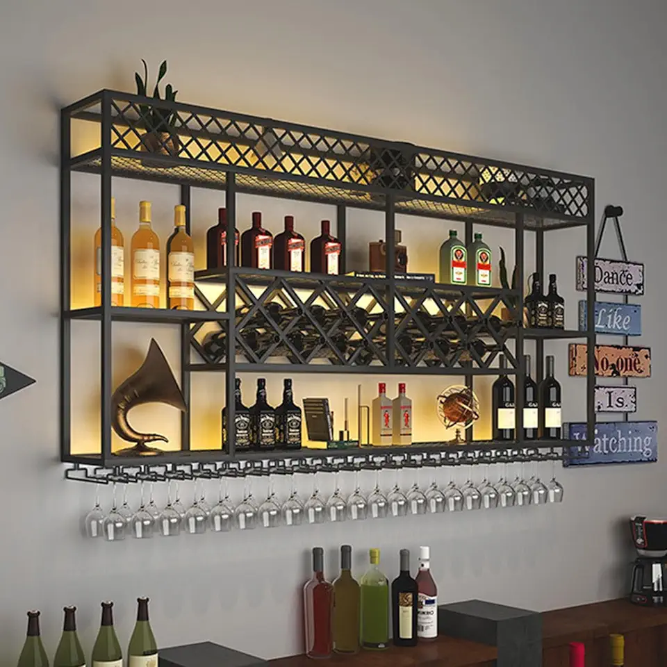 Industrial Iron Wine Shelf with Wine Glass Holder Bar Shelves Wall Mounted with LED Light Modern Bar Floating Bar Shelves Multifunctional bar Bottle Display Shelf for Kitchen Bar Decoration