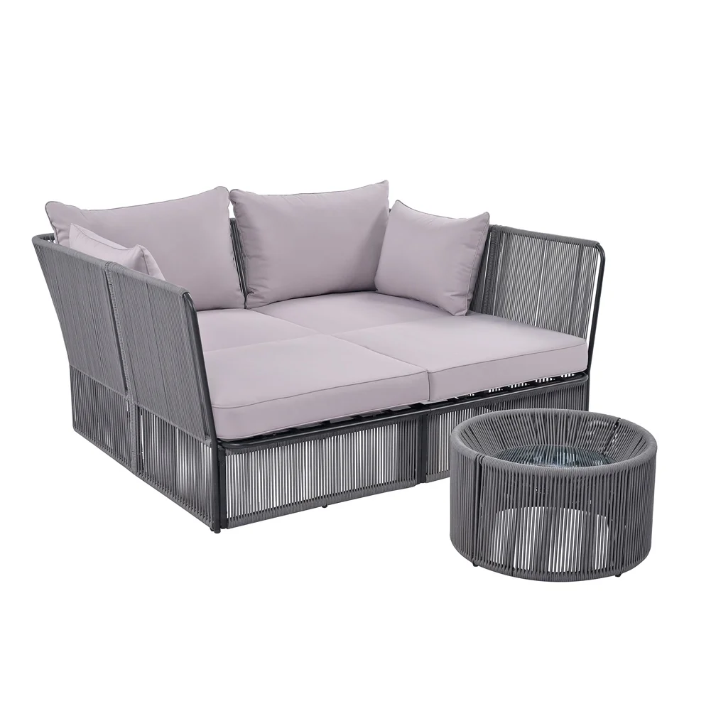 Outdoor Patio Woven Rope Daybed Sofa Bed With Clear Tempered Glass Coffee Table Upholstered Patio Sofa Bed All Weather Patio Furniture For Poolside Garden