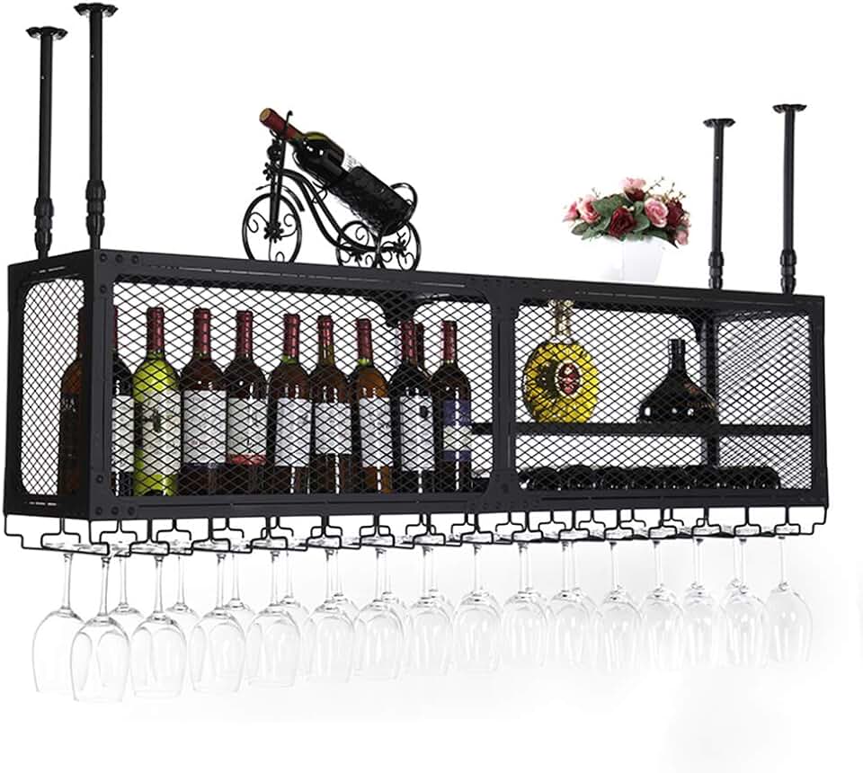 Stemware Rack,Ceiling-Type Wine Holder with Small Compartment Hanging Cabinet Kitchen Organizer Holds Any Type of Glassware Wine Glasses and Flutes Sand