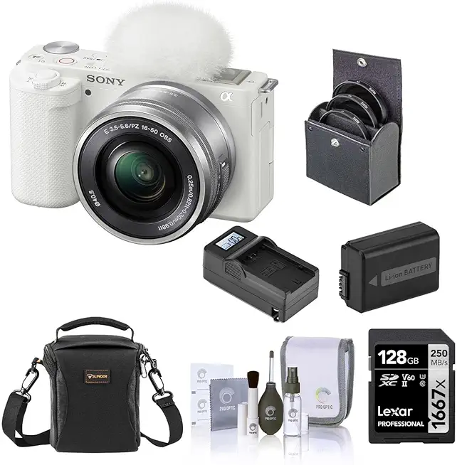 Sony ZV-E10 Mirrorless Vlog Camera with 16-50mm Lens, White - Bundle with 128GB SD Card, Shoulder Bag, Extra Battery, Charger, 40.5mm Filter Kit, Cleaning Kit