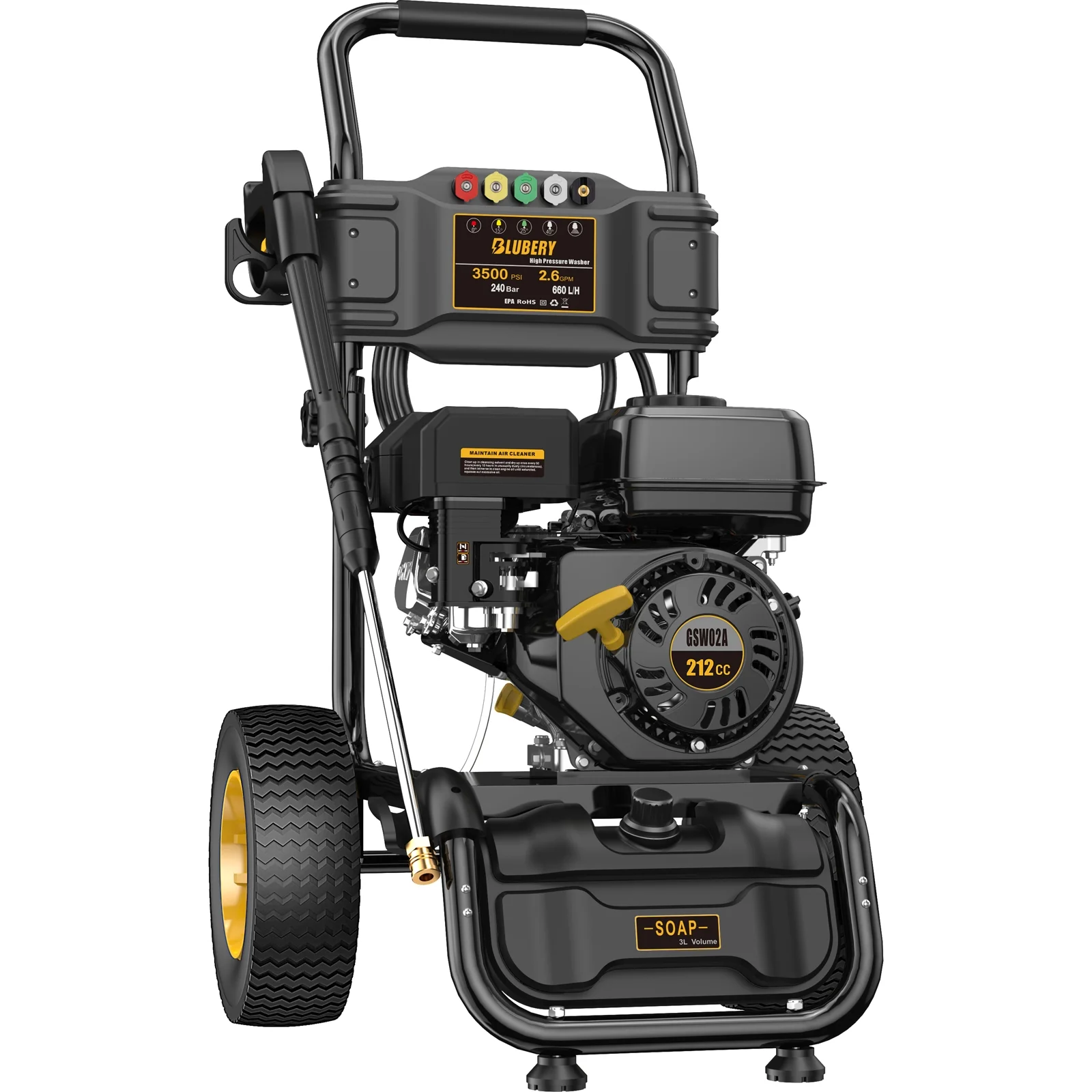 BLUBERY 3500 PSI Gas Pressure Washer, 2.6 GPM Heavy Duty Power Washer, 30 Ft Pressure Hose&Soap Tank, 5 Nozzles, EPA&CARB Compliance, 49 States,Black