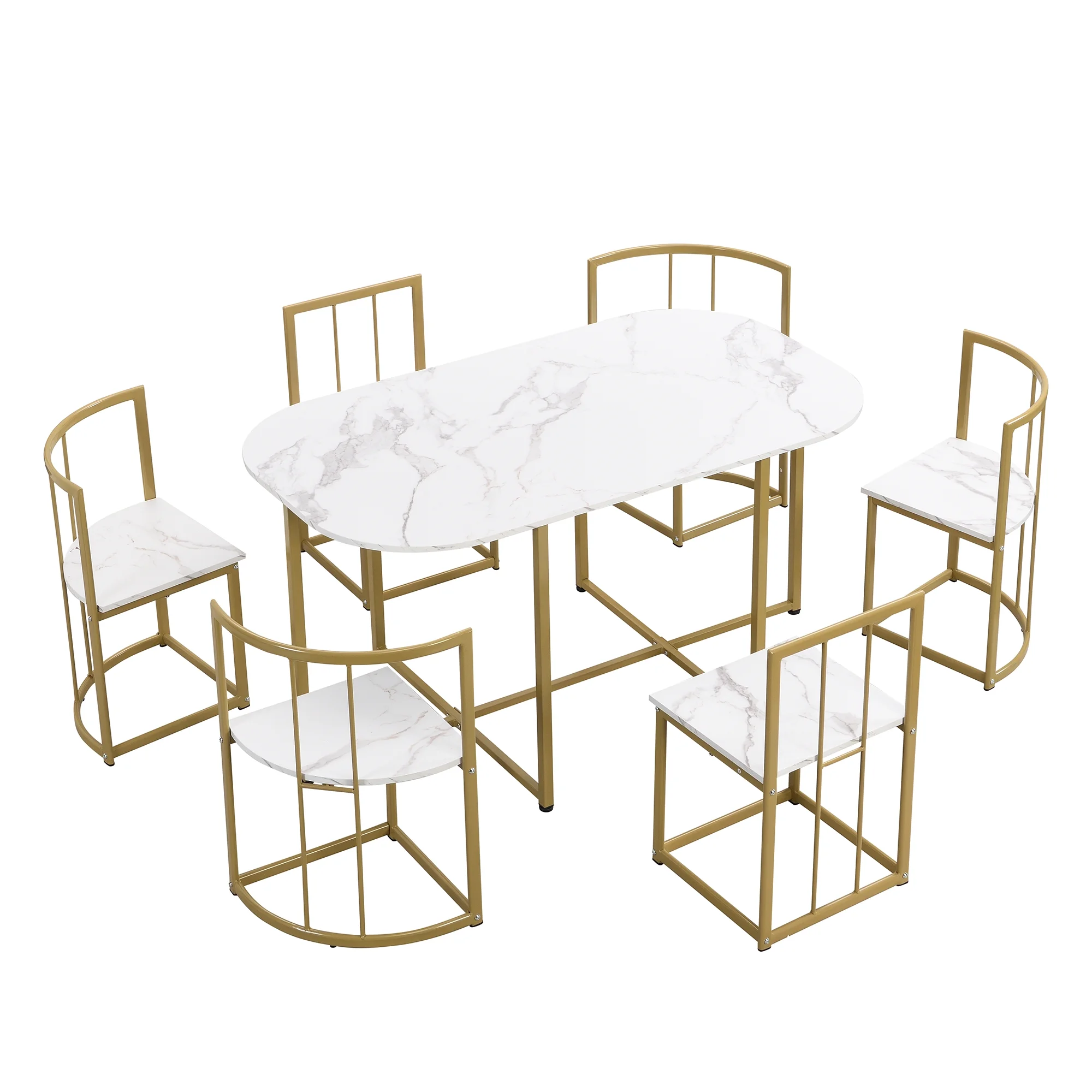 Paproos Dining Table Set for 6, 7 Piece Faux Marble Dining Room Table and Chairs Set, Compact Kitchen Table Set, Faux Marble Tabletop & Metal Frame, Modern Dinette Set for Breakfast Nook, White&Gold