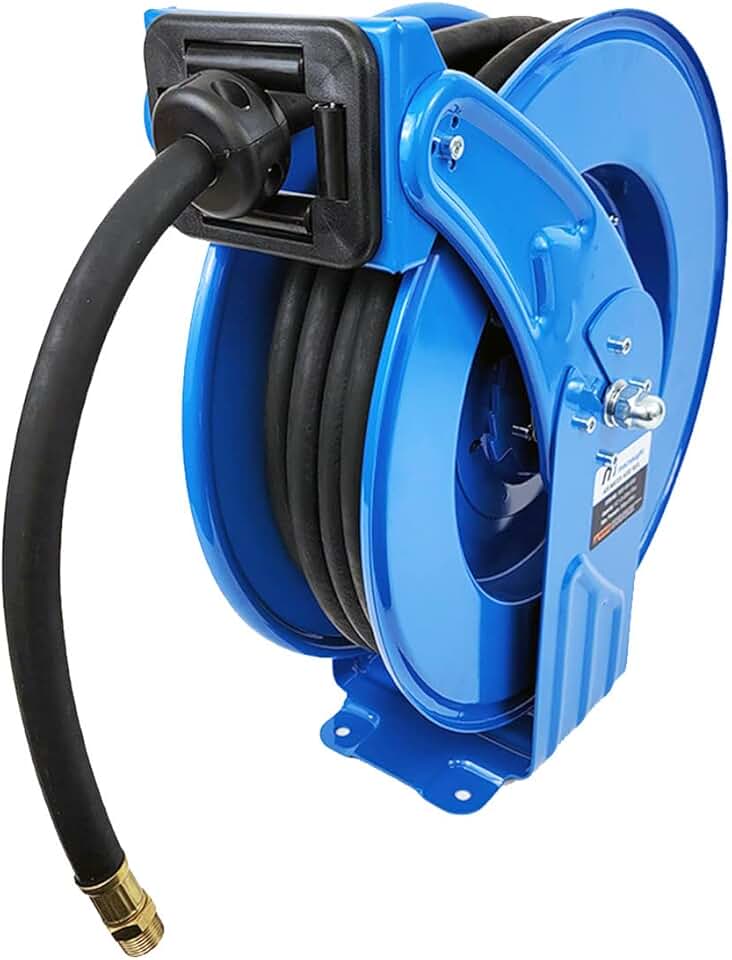 Macnaught M3 Retractable Industrial Grade Air, Water Hose Reel, 1/2” x 50' Dual Pedestal Design with Heat Treated Heavy Duty Gauge Steel, Adjustable Guide Arms, Easy to Service Ball Bearing swivel
