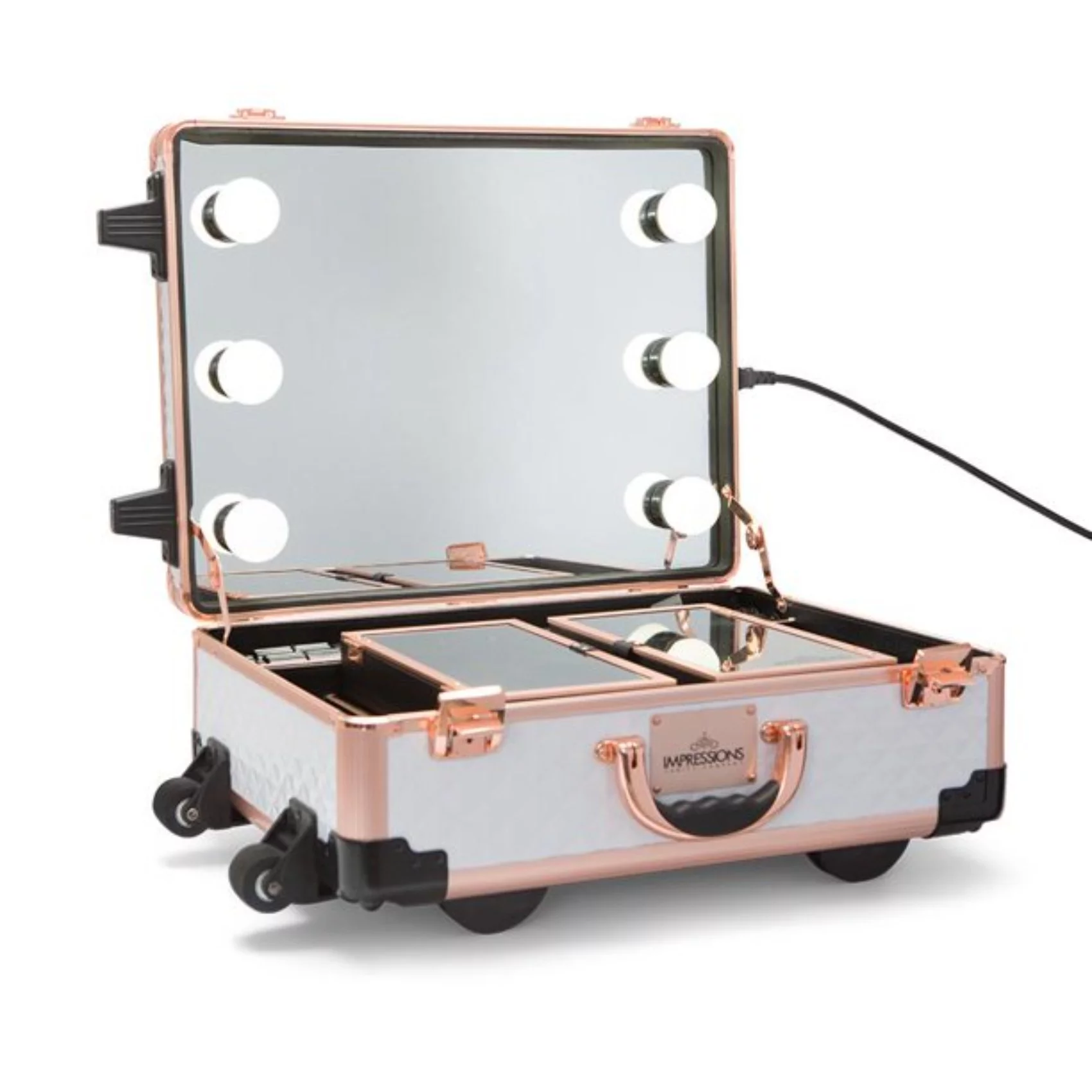 Impressions Vanity Slaycase XLS Vanity Travel Train Case with Stand (White and Rose Gold Studded)