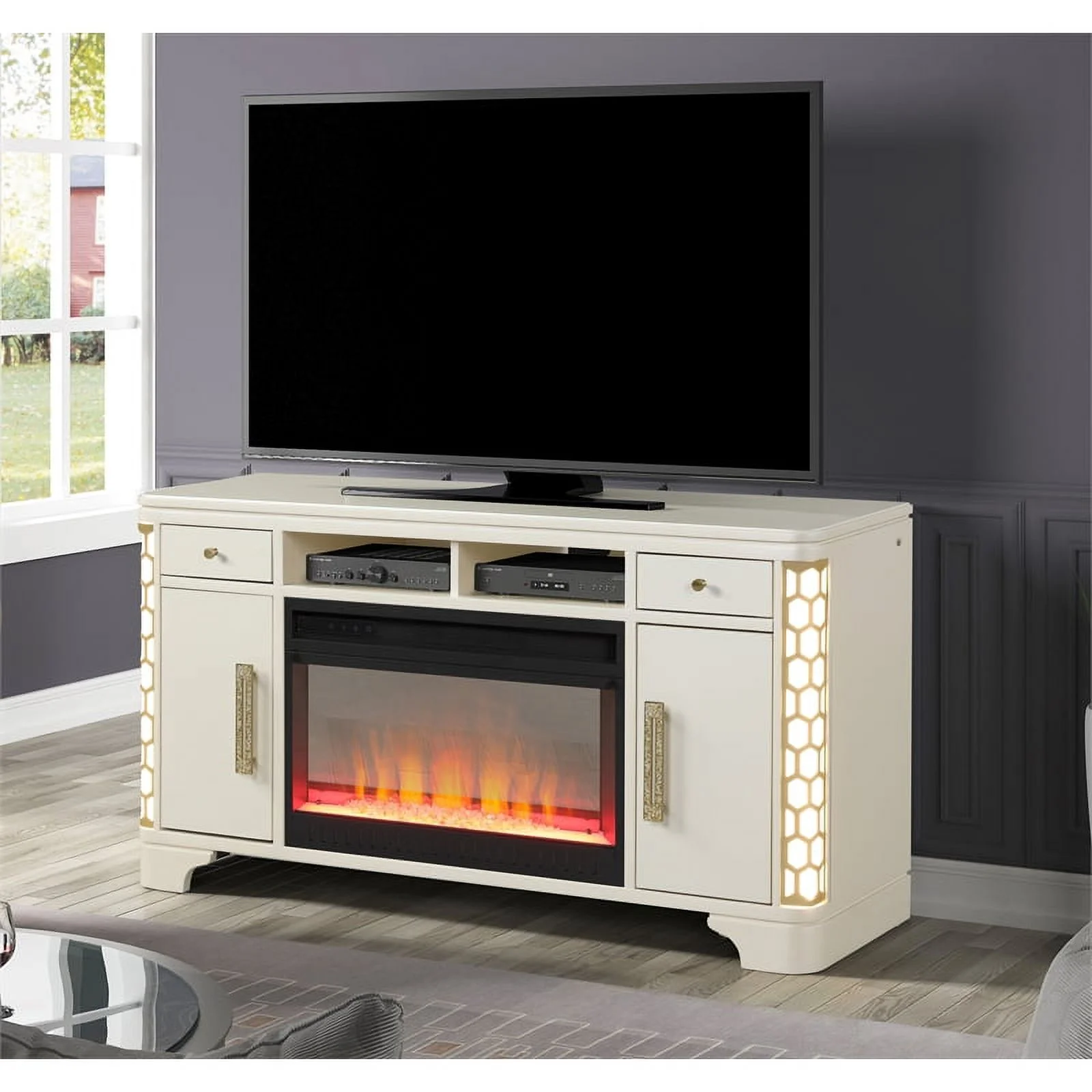 Jasmine Modern Style TV Stand With Electric Fireplace made with Wood in Beige