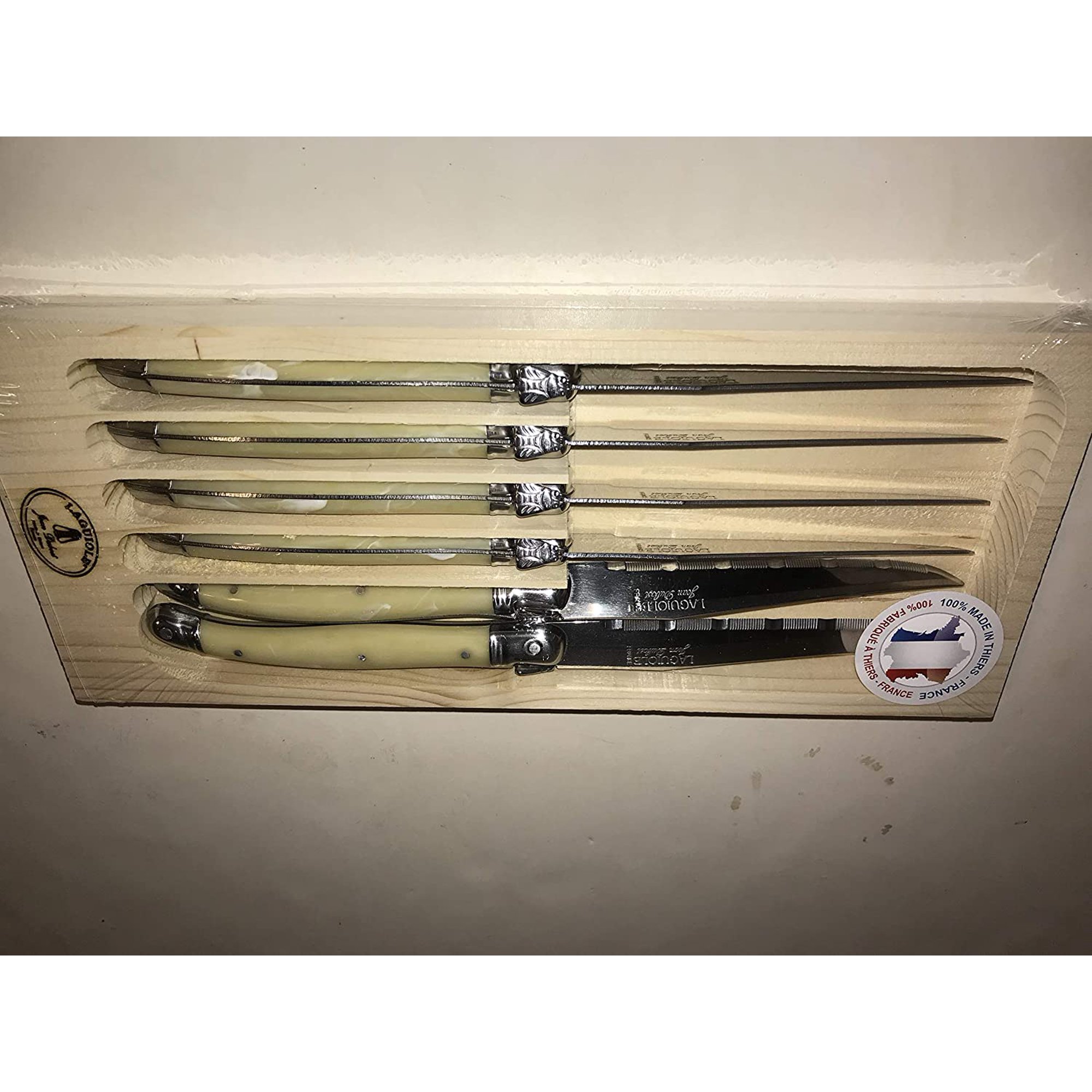 Original French HAOQINGANTE Jean Dubost - 12 Steak Knives Set - Pearl Color - Serrated Blade (Quality Colour Flatware Table Setting - Direct From France)