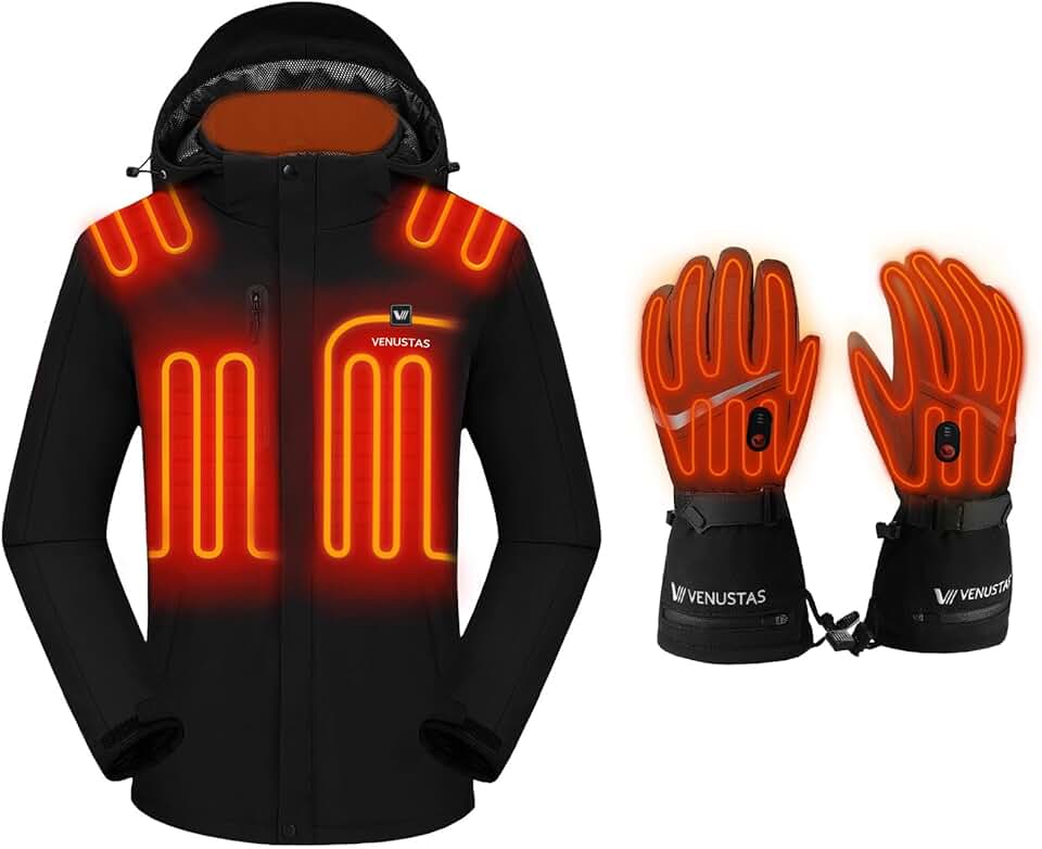 Venustas[Upgrade 10000mAh Battery Classic Men's Heated Jacket (Black,3XL) and Heated Gloves (Black,L)