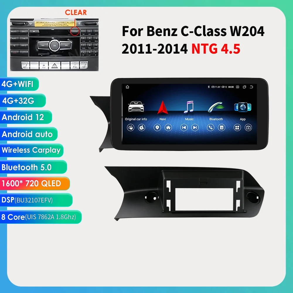 Bluetooth Android 12 Apple Carplay 4+32GB Wifi Car Stereo Radio Head Unit GPS Navigation Player For Mercedes Benz C-Class W204 2011 2012 2013 2014 NTG4.5