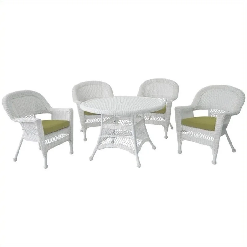 Jeco 5 Piece Resin Wicker Outdoor Patio Dining Set in White with Green Cushion