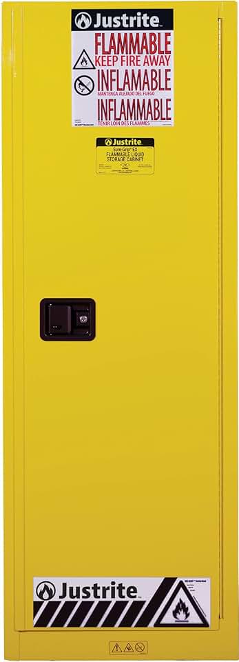 Justrite 22 Gallon Self Close Slimline Flammable Storage Cabinet, 18 Gauge Steel, 3 Shelves, 2 Door Fire Cabinet, 65