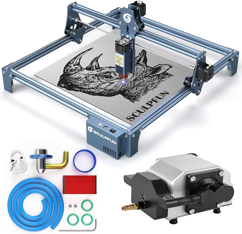 SCULPFUN S9 Laser Engraver with Air Assist Nozzle and Air Assist Pump, High Precision CNC Laser Cutter and Engraver Machine, Laser Air Assist with Adjustable 30L/Min, Faster, Stronger & Cle