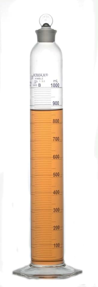 Kimble Chase KIMAX 20040-1000 Borosilicate Glass Class B Single Metric Blue Scale Mixing Cylinder, Calibrated to Contain, with Glass Stopper, 1L (Case of 4)