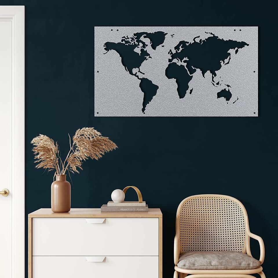 Metal Wall Decor, World Map , Home Living Room Decor, Wall Sign, Metal Wall Art, Interior Decoration, Indoor Outdoor Hangings, Silver (120x66cm)