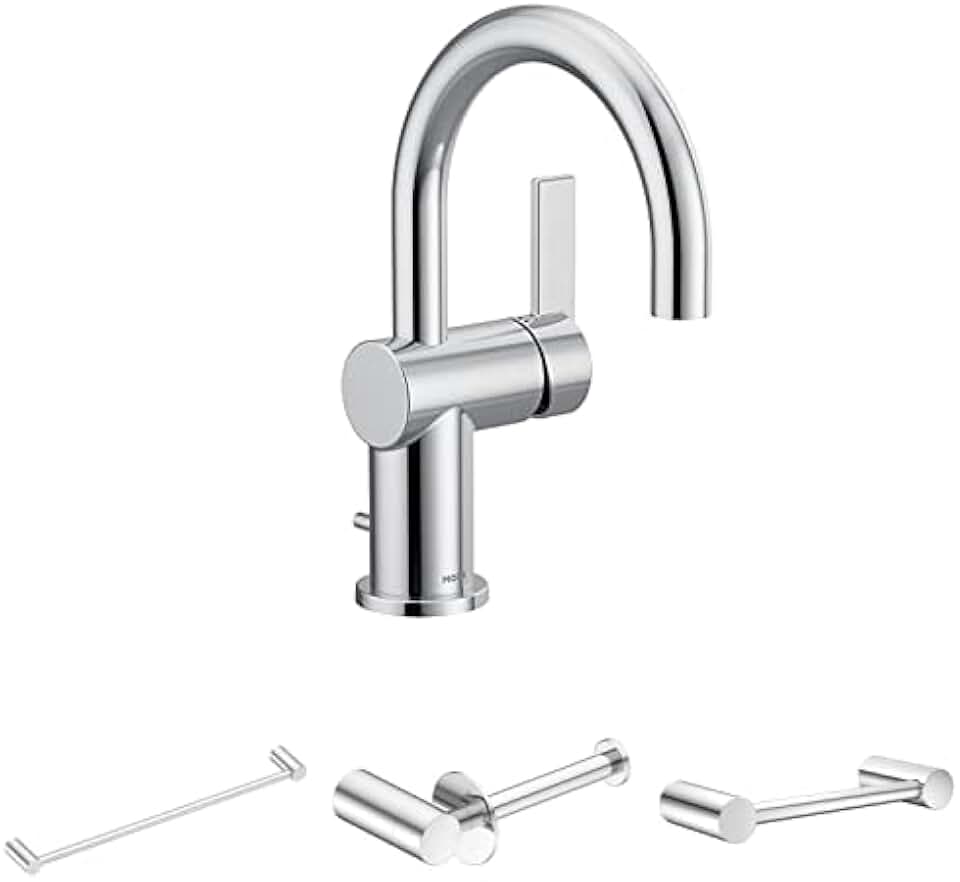 Moen 6221 CIA Collection Single Handle Bathroom Sink Faucet, Chrome + 18 in. Modern Single Towel Bar + Toilet Paper Holder + Hand Towel Bar