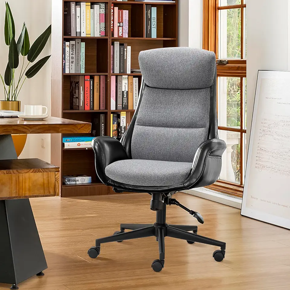 Glitzhome Mid-Century Modern Two-Tone Color High Back Leatherette Chairs Computer Desk Chair, Task Chair with Armrest Adjustable Gaslift Office Chair Executive Swivel Chair,Black & Gray
