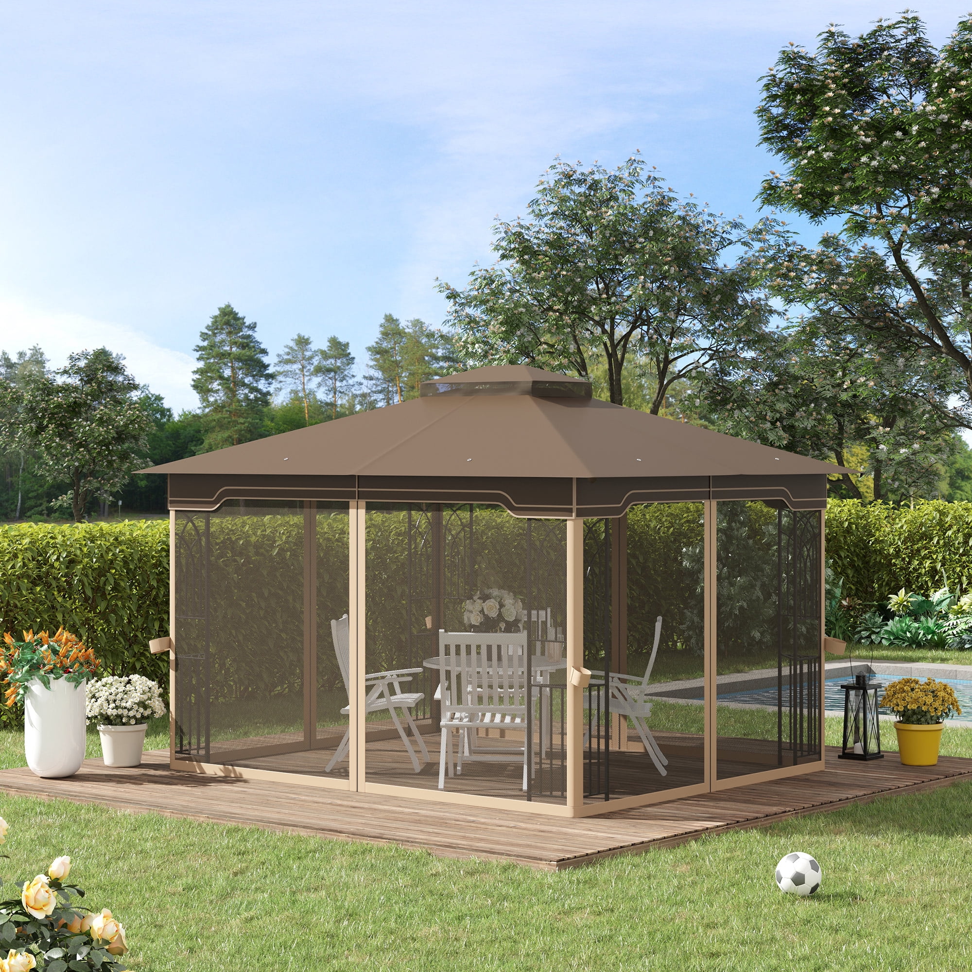 Outsunny 10' x 12' Patio Gazebo Garden Shelter w/ Netting Sidewalls, Brown