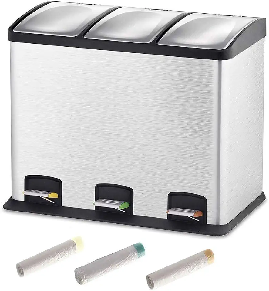 Trashcan 36L Foot Pedal Stainless Steel Trash Bin with 60 Rolls Trash Bags Square Premium Household Trash Can for Kitchen Waste