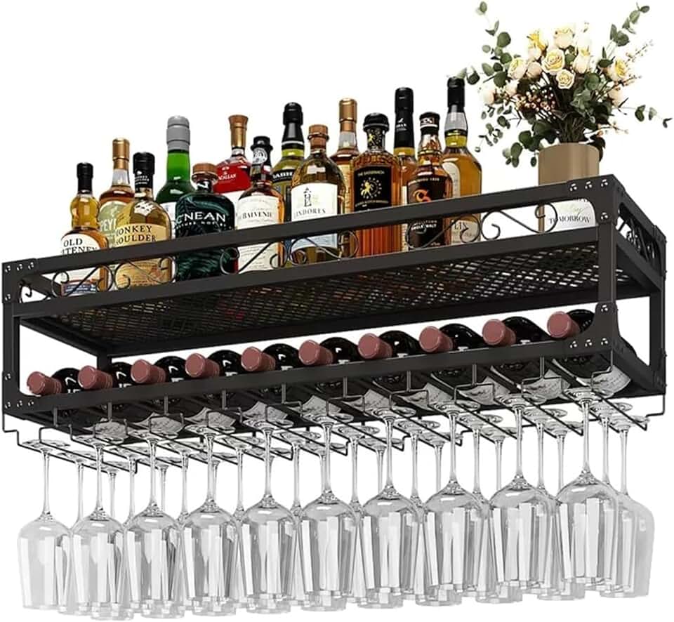 Hanging Wine Rack with Glass Holder and Shelf, Adjustable Metal Ceiling Bar Wine Glass Rack Iron Bottle Holder Wine Shelf Champagne Glass Rack Bar Home Decor