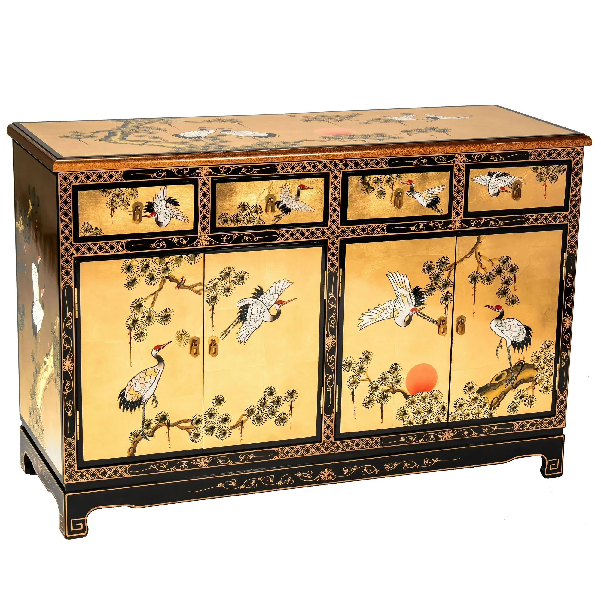 Oriental Furniture Gold Lacquer Sideboard - Cranes