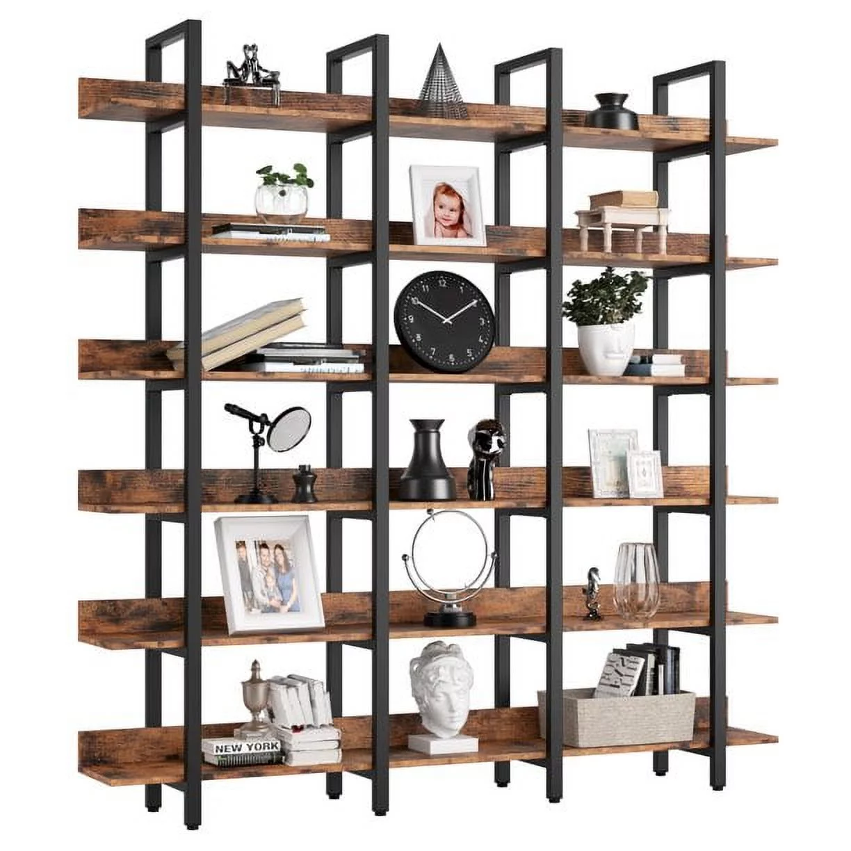 IRONCK Bookcase and Bookshelves Triple Wide 6-Tiers Large Open Shelves, Etagere Bookcases with Back Fence for Home Office Decor, Easy Assembly