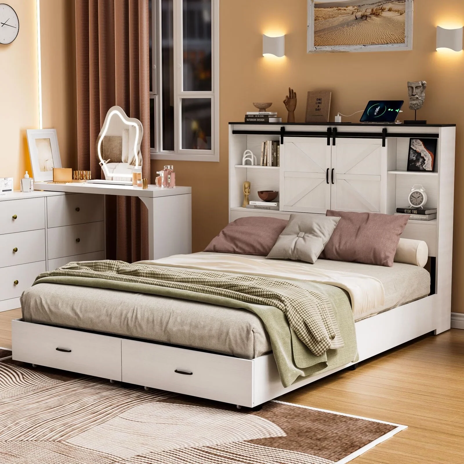 PAKASEPT Farmhouse Queen Size Wooden Platform Bed Frame with Bookcase Headboard Storage, Charging Station, and Sliding Barn Door, No Box Spring Needed