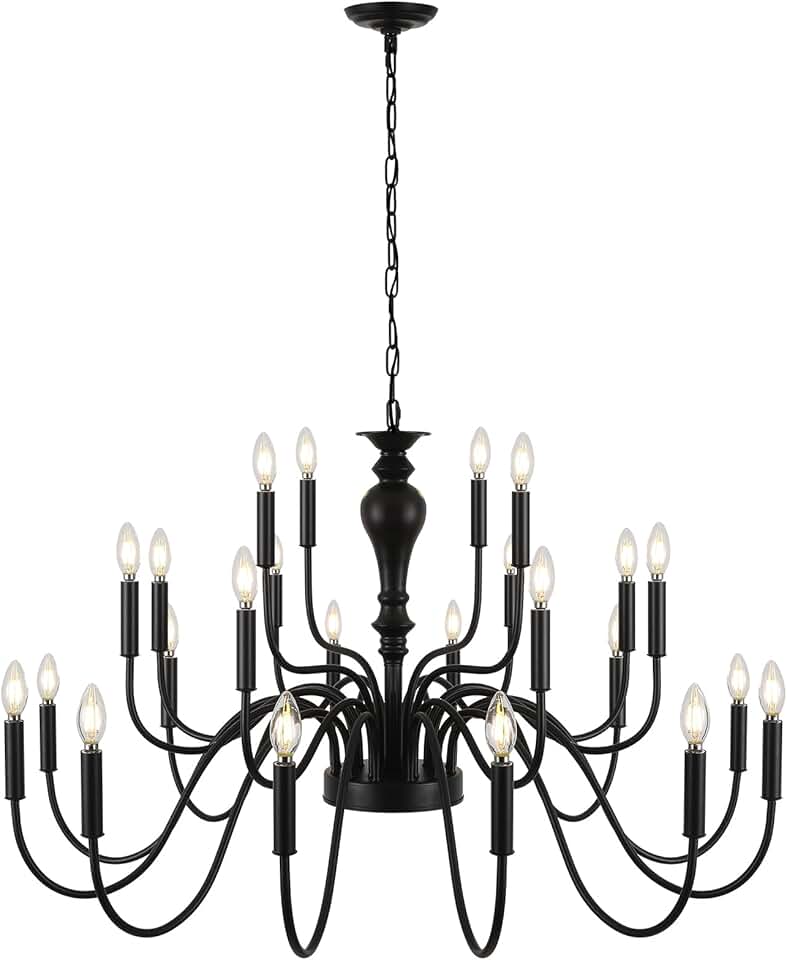 Modern Farmhouse 24-Light Black Chandelier with 3-Tier Design, Adjustable Height for High Ceilings - Perfect for Dining Rooms, Living Rooms, Bedrooms, and Foyer