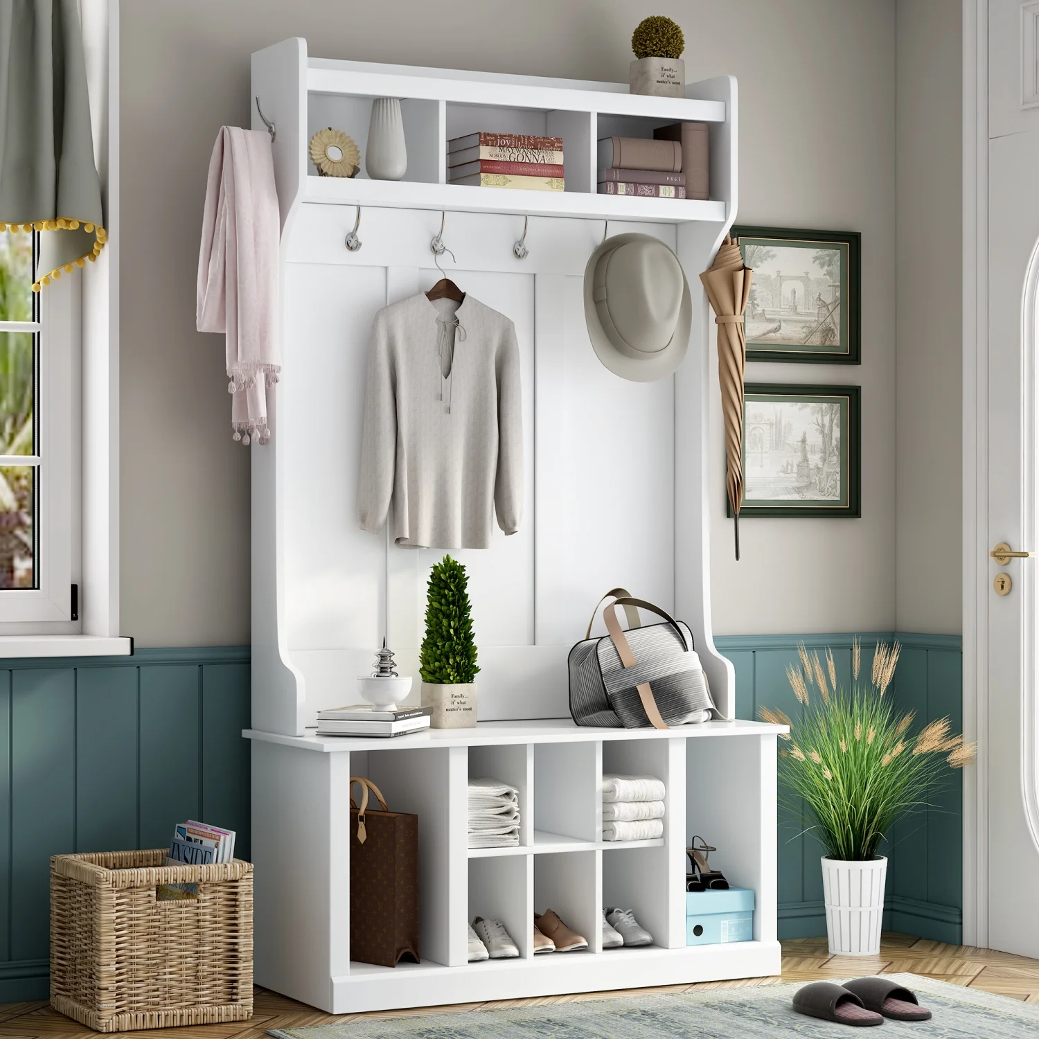 JDZDESIGN U-Can Hall Tree with 6 Hooks   Coat Hanger  Entryway Bench   Bench  3-in-1 Design  39.4INCH  for Entrance  Hallway()