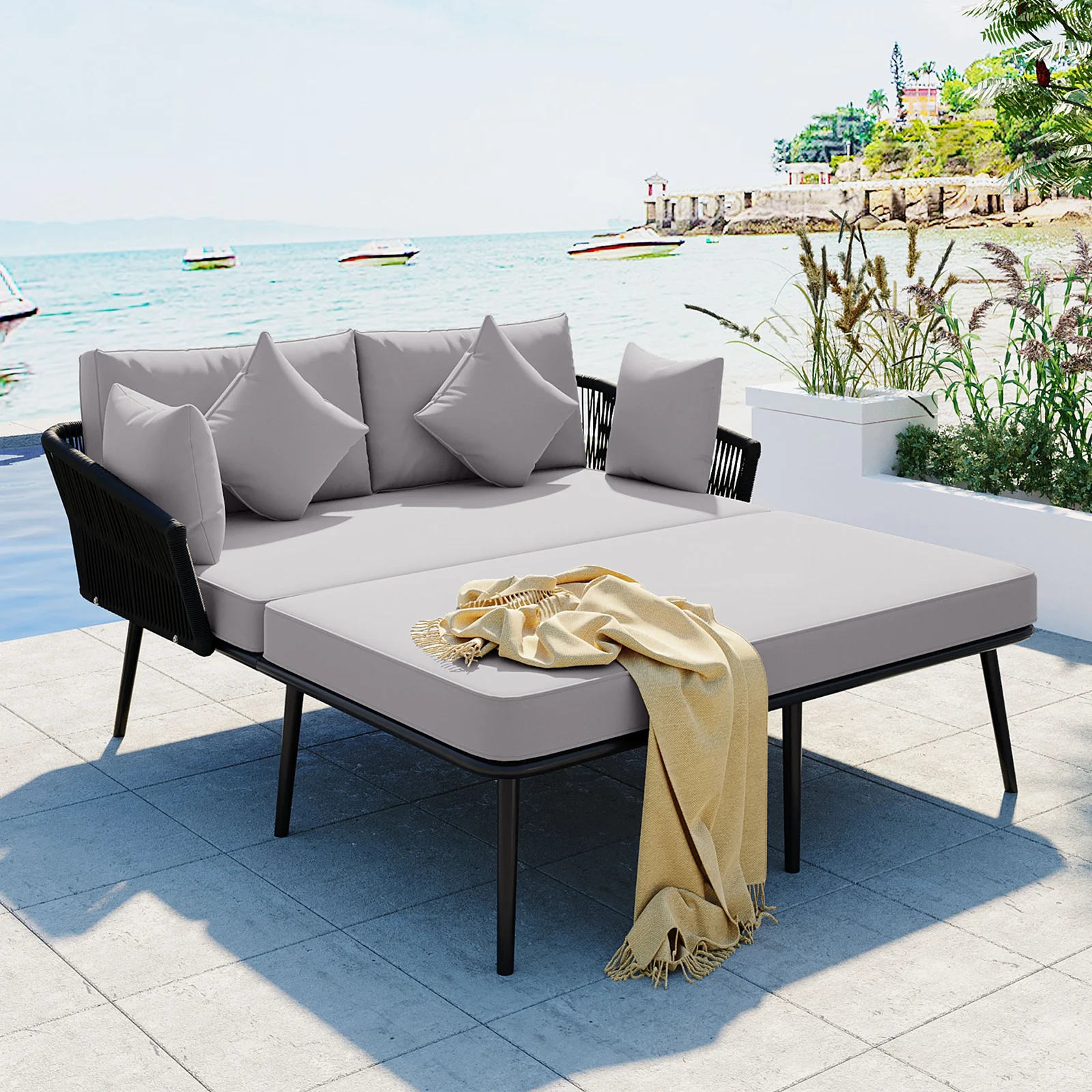 Outdoor Daybed,Sunbed.Woven Nylon Rope Backrest Back Loveseat Double Sofa, Washable Cushions for Balcony, Poolside, Lawn, Garden (Black+ Gray)