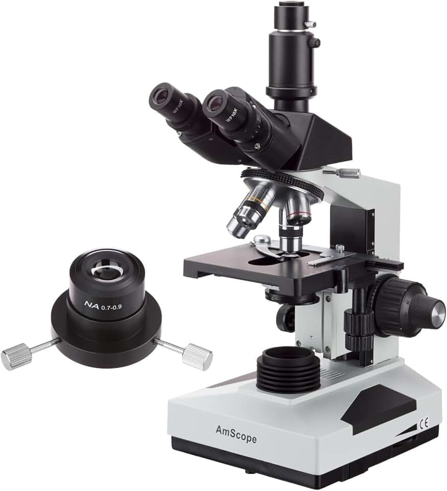 AmScope T490-DK Compound Trinocular Microscope, WF10x Eyepieces, 40X-1000X Magnification, Brightfield/Darkfield, Halogen Illumination, Abbe Condenser, Double-Layer Mechanical Stage, Sliding Head, High-Resolution Optics