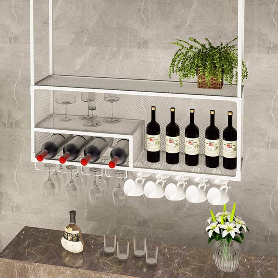 Hanging Wine Rack with Glass Holder and Shelf, 2-Layer Industrial Hanging Wine Glass Rack Ceiling, Iron Bottle Holder Wine Shelf