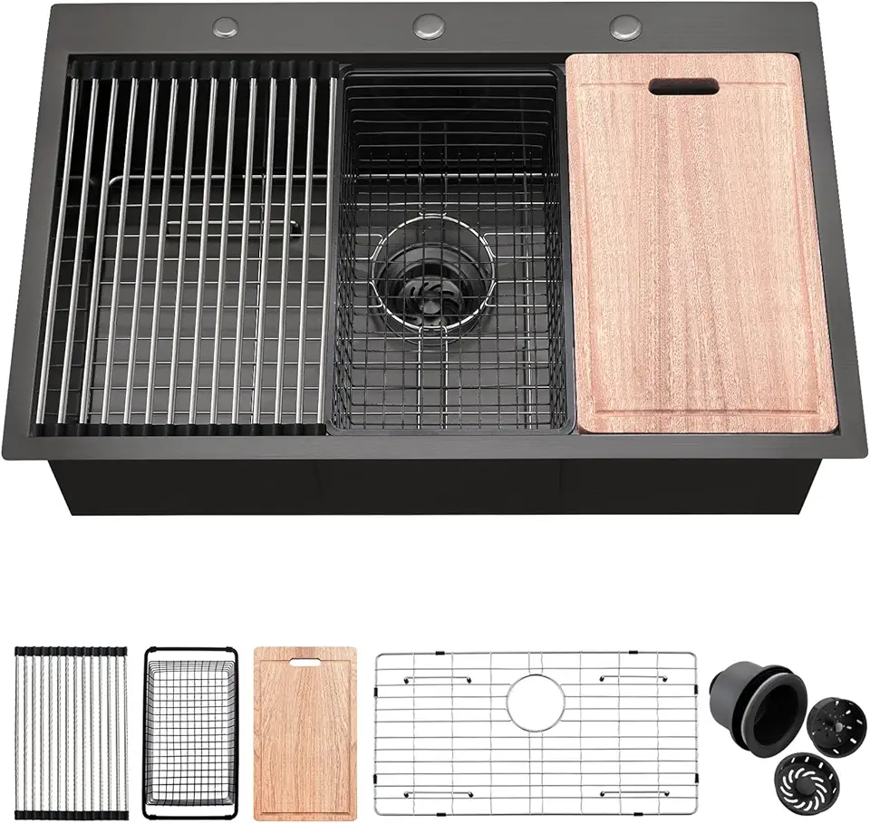 33 Black Drop In Kitchen Sink Single Bowl, ZDHHT 33 x 22 x 10 Inches 16 Gauge Black Stainless Steel Single Bowl Workstation Kitchen Sink Topmount with 3 Holes and Accessories