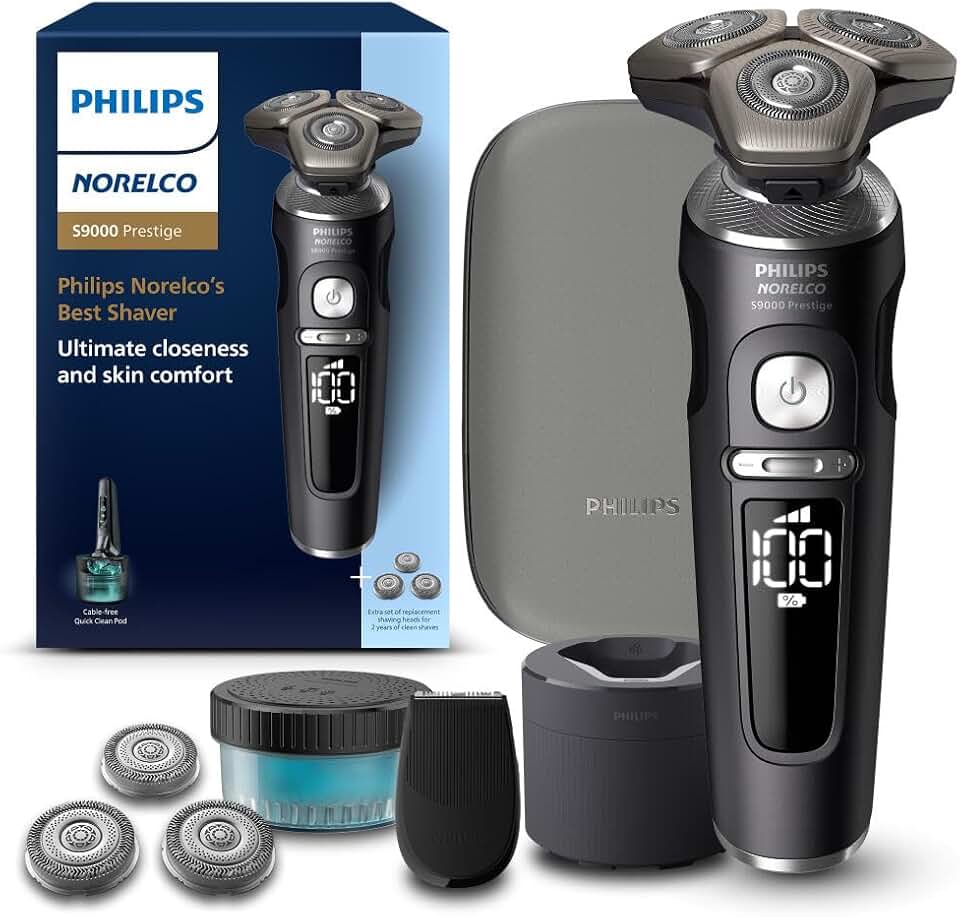 Philips Norelco Shaver Series 9000 Prestige, Wet and Dry Electric Shaver, Lift & Cut Shaving System, SenseIQ Technology, Precision Trimmer, Cleaning Pod, Premium Pouch, Black Matte, Model SP9840/90