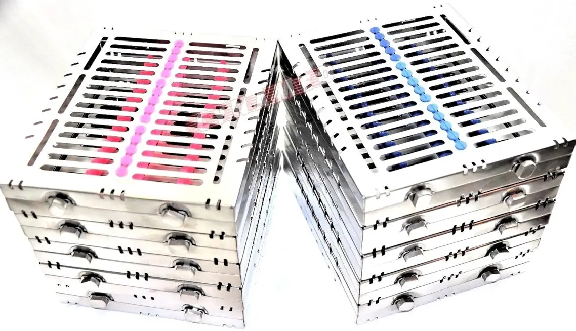 10 German Dental Autoclave Sterilization Cassette Box Tray for 15 Instruments Blue/Pink CYNAMED